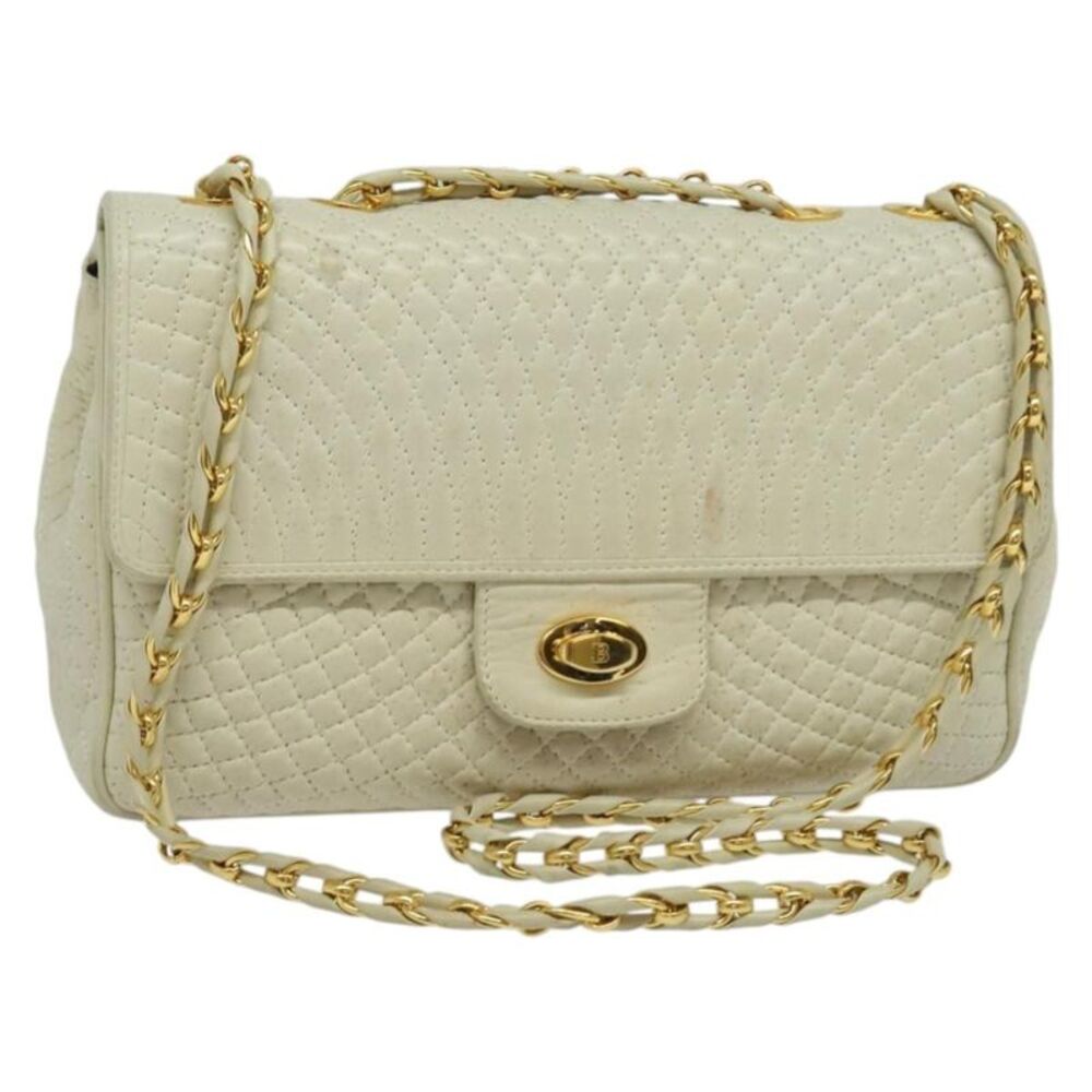 Bally Vintage Chain Quilted Leather White Leather Shoulder Bag Bag